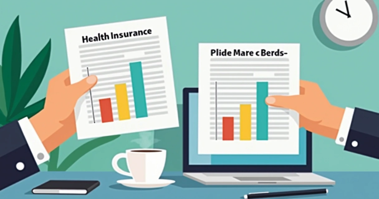 Duas mãos seguram propostas de plano de saúde com gráficos de custos comparativos sobre uma mesa de escritório. 